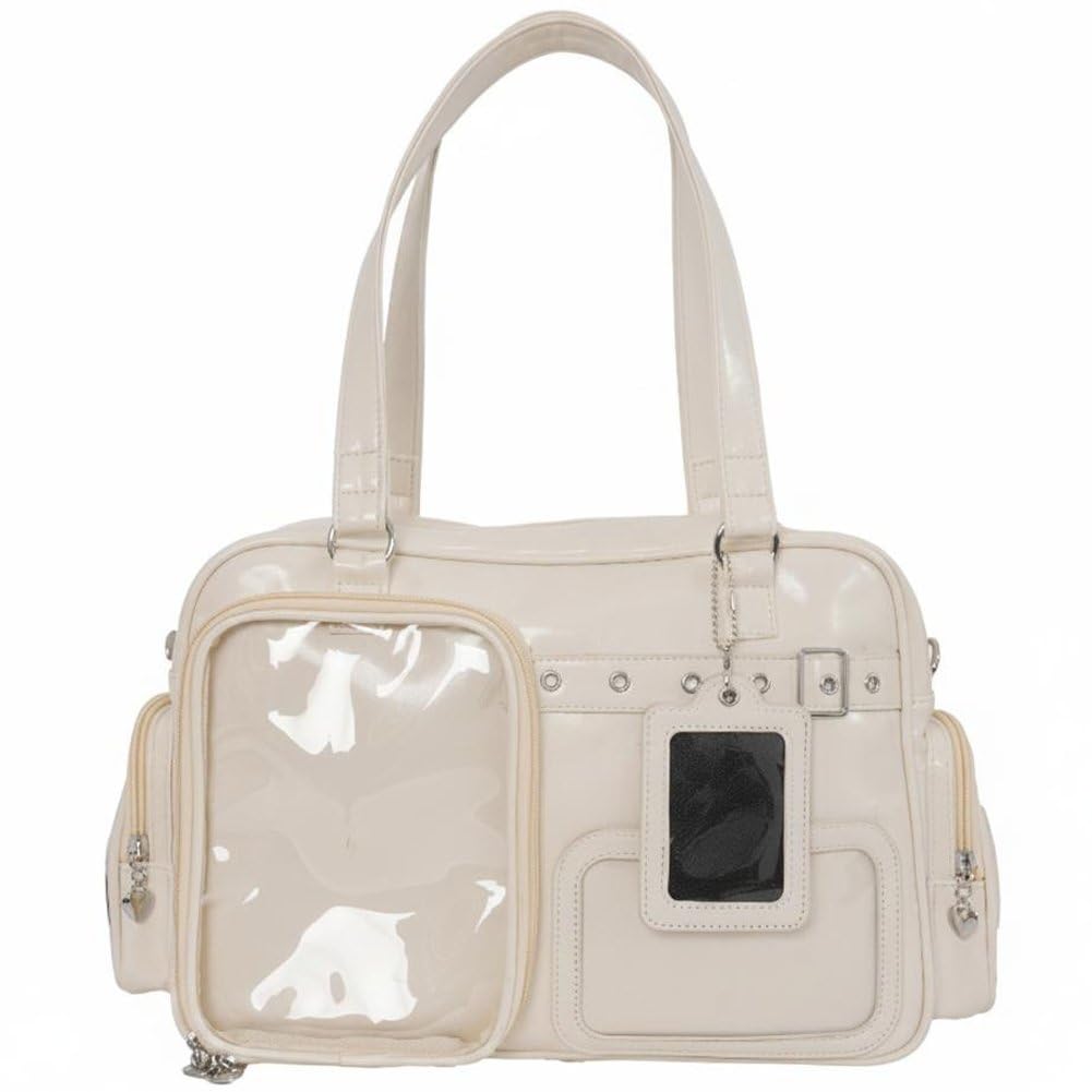 Fituenly Ita Bag PU Leather for Women, Y2K Transparent Large Capacity Shoulder Crossbody, DIY Badge Display Handbag Daily Messenger Tote