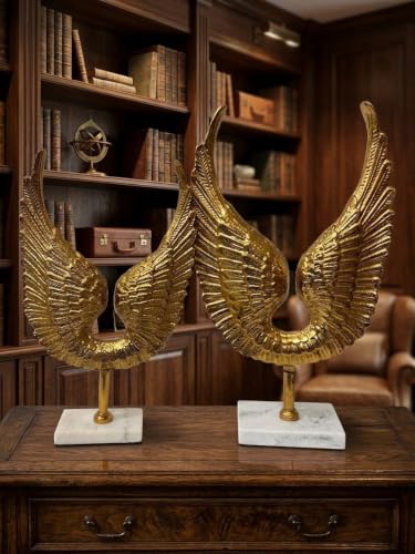 Image of Golden Angel Wings Sculpture on Marble Base, Set of 2 Set