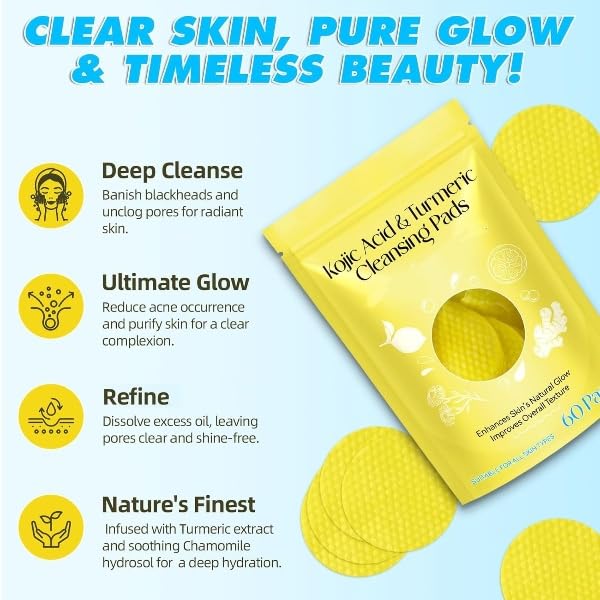 BATTLELAND Turmeric & Kojic Acid Face Cleansing Pads for Dark Spots, Skin Brightening & Acne Prevention|Vitamin C, Retinol & Chamomile Hydrolat|For Women & Men|All Skin Type|60 Pieces Pack of 1 1