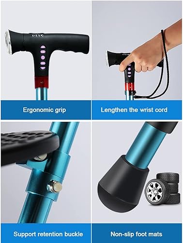 Miniatura 5 de KADEUX Silla plegable con muletas, asiento de caña de aluminio con luz, bastón plegable con asiento para personas mayores, bastón de caminar para