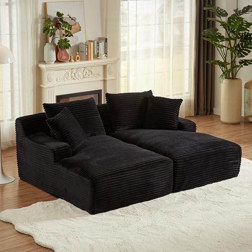 Oversized Double Chaise Lounge Loveseat Cozy Cloud Couch, Fluffy Corduroy Upholstered Sleeper Sectional Sofa Lounger Daybed with Throw Pillows and Wide Armrest for Living Room, No Assembly Required