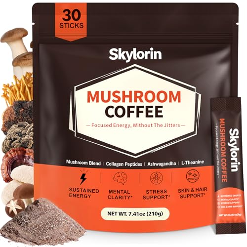 Skylorin 30 Sticks Mushroom Coffee - 7 Adaptogenic Mushrooms & 3000mg Collagen Ashwagandha & L-Theanine - Smooth Low-Acid Instant Coffee Packets for Focus Energy Digestion Skin & Immune Support