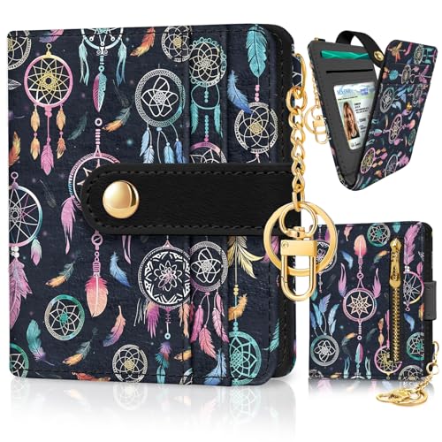 Image of Jogjam Colorful Dream Catchers with Feathers Rfid Ladies Wallet, Small Credit Card Women Wallet, Boho Traditional Circular Net PU Leather Bifold Cash Zipper Coin Pocket for Female Blessing