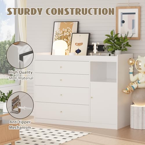 Image of 45.2 inch White Nursery Dresser with 5 Drawers and 1 Open Shelf Changing Table Dresser with Changing Table Top Diaper Changing Station with Storage for Nursery Children's Room