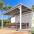 AECOJOY 12' x 10' White Pergola Gazebo, Large Wall Mounted Pergolas and Gazebos on Clearance, Outdoor Patio Lean to Hard Top Gazebo Metal Awnings for Decks,Patio, Porch, Backyard and More