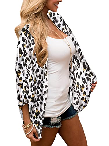 Image of Chunoy Women Leopard Printed Lightweight Kimono Cardigan Half Sleeve Shawl Chiffon Beach Wear Cover Up Snow White Large