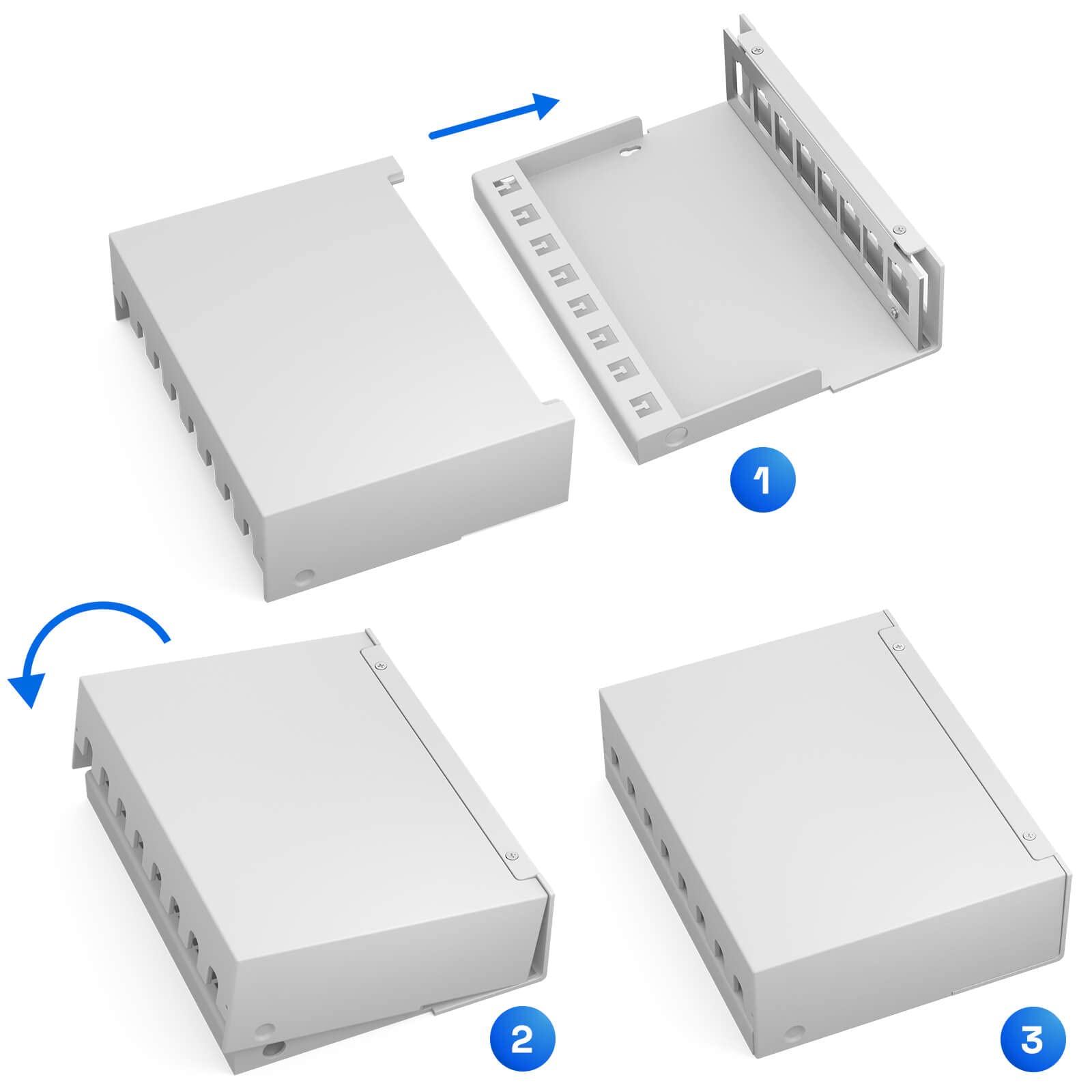 HB-DIGITAL Zestaw: 8-portowy panel krosowy obudowa do modułów Keystone + 8x Cat.6a Keystone RJ45 gniazdo Jack do instalacji sieciowej kompatybilne z kablem instalacyjnym LAN Ethernet | jasnoszary