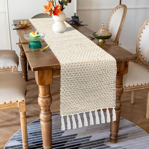 Image of Luxe Home Elegant Beige and White Woven Table Runner with Tassels - Mix Cotton Jute 13 x 74 Inch, Honeycomb - Perfect for Dining Table, Center Table, Decor