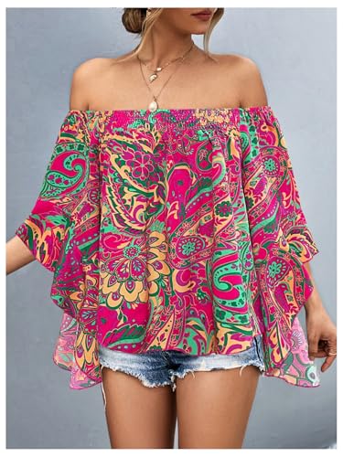 Women's Y2K Floral Off Shoulder Blouse Boho Shirt Ruffle Half Bell Sleeve Blouses Shirred Vacation Beach Shirt3