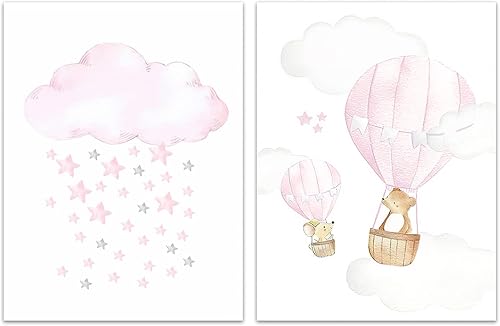 Miniatura 2 de Imágenes de guardería rosa pintura de nube rosa, póster de estrella rosa, lindo animal, pintura de oso bebé, póster para guardería, póster de globo