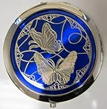 Purse Handbag Double Compact Cosmetic Mirror - Two Butterflies - Dark Blue