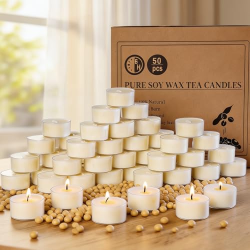 50 Pack Soy Wax Tealights 6H Unscented Tealight Candles in Clear Cup Long Burning Time Paraffin-Free for Weddings Events Home Decor Emergency Use