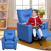 Kids Recliner Chair w/Cup Holder, Toddler Recliner Chair Ages 1-4, 2-in-1 PU Leather Single Sofa for Boys/Girls, Kids Lazy Boy Chairs, Upholstered Armchair, Adjustable Backrest & Footrest (Blue-New)