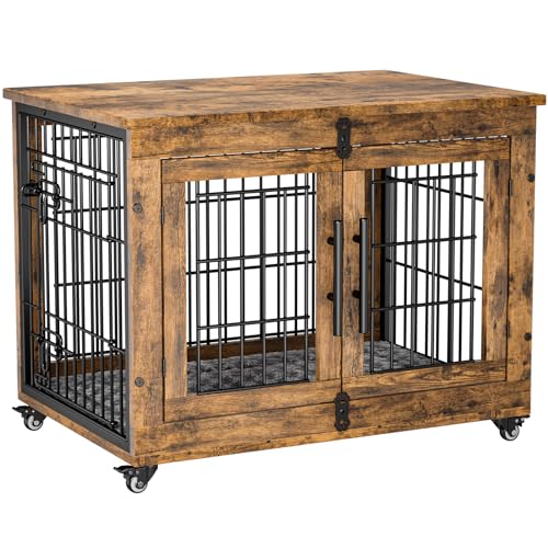 Lulive-Dog-Crate-Furniture-Dog-Kennel-Indoor-Double-Doors-Wooden-Dog-Cage-32-Heavy-Duty-Dog-Crate-with-Cushion-Wheels-Decorative-End-Table-Pet-House-Chew-Resistant-for-MediumSmall-Dog-Brown Lulive Dog Crate Furniture Dog Kennel Indoor Double Doors Wooden Dog Cage 32 Heavy Duty Dog Crate with Cushion Wheels Decorative End Table Pet House Chew Resistant for MediumSmall Dog Brown