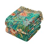 Boho Throw Blanket - 50'x60' 100% Cotton Ultra Soft Lightweight Fall Blanket, 4-Layer Breathable Muslin Blankets for Bed Couch, Reversible Green Floral Printed Bohemian Cotton Quilt