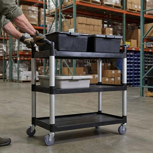 Image of Restaurantware RW Clean 40.2 x 19.7 x 37.8 Inch Utility Cart 1 Rolling Cleaning Cart - Large 4 Shelves Black Plastic Rolling Cart Heavy-Duty For Organization Or Storage