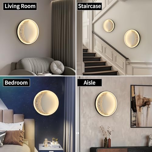 Image of Dimmable Moon Wall Sconces 23.6inch 32W Plug in Modern LED Wall Light with Remote Control Black Wall Lamp Indoor Wall Mounted Lighting Fixture for Living Room Bedroom Hallway Stairs