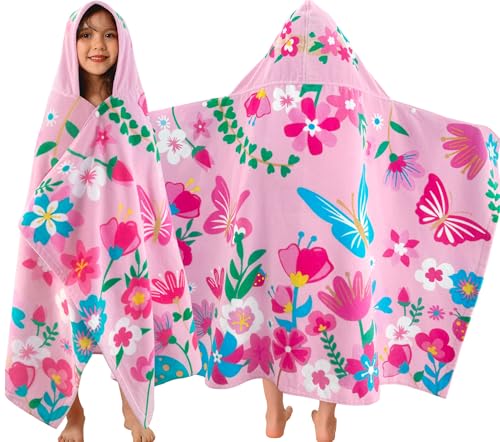 VOOVA & MOVAS Todder Beach Towels with Hood, (3-10 Years, 30''X50),Absorbent 100% Cotton Towel Wrap for Boys, Perfect for Toddler Beach, Pool, Bath, Swimming, Flower Butterfly