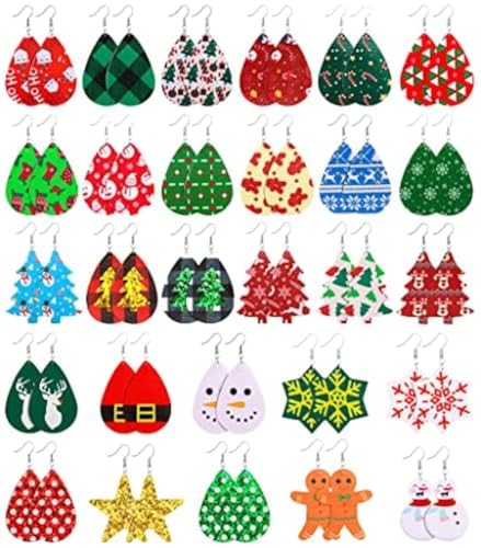28 Pairs Christmas Leather Earrings for Women Faux Leather Earrings Multipack Christmas Tree Snowflake Glitter Star Teardrop Holiday Earrings