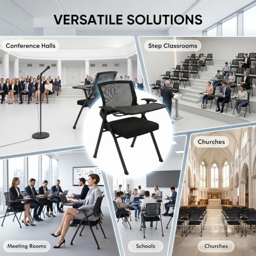 Image of [2 Pack] Folding Conference Room Chair with Writing Board & Cup Holder | Heavy-Duty Nesting Training Chairs,Mesh Back,Padded Seat,Comfy Foldable Office Guest Chairs,Seminar Meeting, Classroom