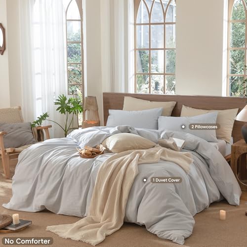 Image of MooMee Striped Duvet Cover Set 100% Washed Cotton Linen Like | Relaxed Linen-like Texture. Soft, Breathable & Long-lasting Comfort. Lightweight. Hidden Zipper with 8 Interior Corner Ties
