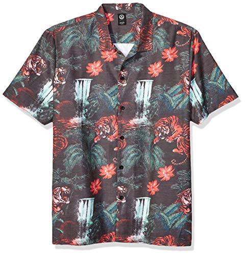 NEFF Men's Daily Button Up Hawaiian Style Patterned Pool Side Shirt, Tropic Tiger, Large