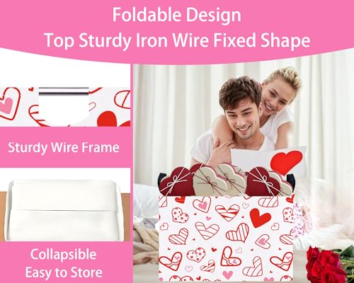 Image of Valentines Day Basket Large Foldable Heart Shaped Storage Box for Gifts Kids Empty Storage Bins Rectangular Toy Organizer Decor (Hollow Lines Love)