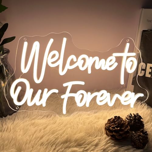 Image of Welcome To Our Forever Neon Sign for Wall Decor Wedding Light Up Neon Sign Indoor Bedroom Home Decor LED Neon Signs Large Backdrop Flex Christmas Living Room Girls Boys Gift,USB Warm White 40x23.8 CM