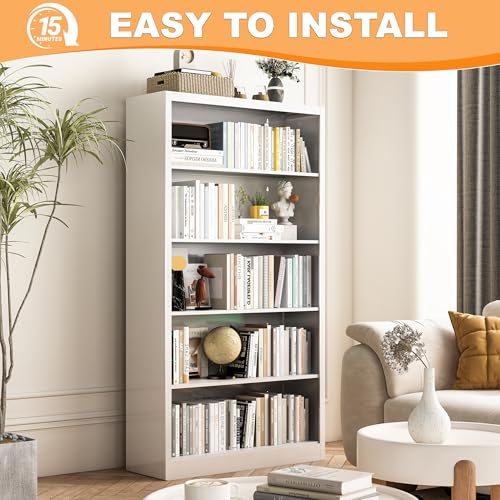 Image of VASAAOSD 55 inch White Bookshelf, 5 Tier Adjustable Metal Bookcase | Adjustable, Wide Bookshelf with Anti-Tilt Device, Easy Assembly Toy Storage Organizer, for Bedroom, Study, Office, Classroom