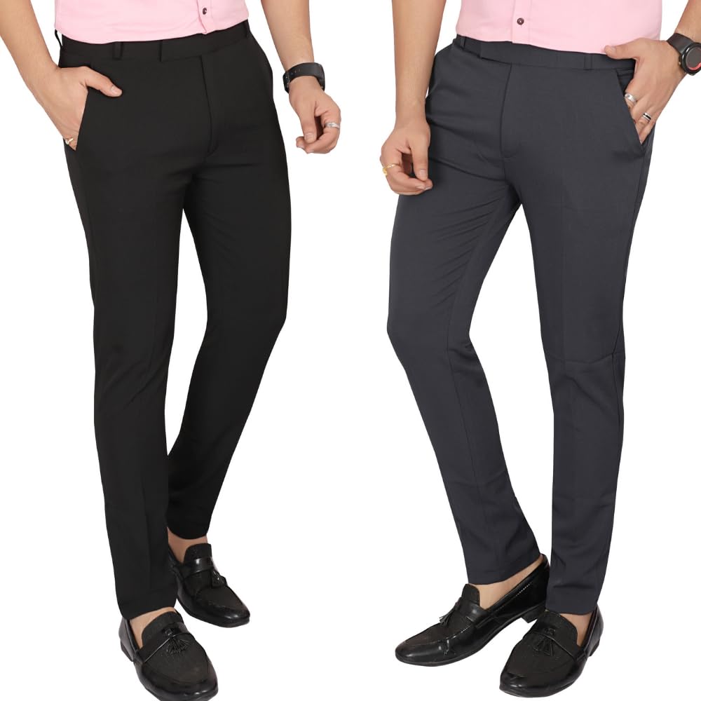 Men’s Formal Trousers – Pack of 2 Polo-Fit Ankle Length Four-Way Stretch Pants | Ideal for Office, Formal & Casual Wear (Black & D.Gray)-picture-42