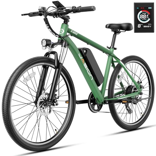 Jasion EB5 Electric Bike for Adults with Peak 1000W Brushless Motor, 40Miles 20MPH Commuting Electric Mountain Bike with 500Wh Removable Battery, 7-Speed, 26' Tires and Front Fork Suspension