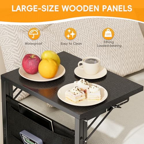 Image of Folding TV Tray Table, 28.8 inch Tall C-Shaped Side Table for Couch and Bed, Slide Under Sofa Side Desk with Storage Bag - Sturdy Metal Frame Tray for Living Room, Bedroom, Home & Office (Black)