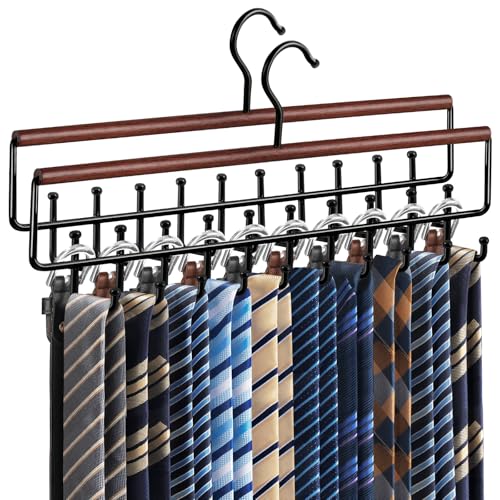 2PCS Tie Rack Hanger for Closet Upgraded 2-in-1 Tie and Belt Hanger Non Slip Tie Rack with 20 Hooks Tie Hanger Space Saving Wooden Belt Tie Organizer for Tank Tops Bras Cami Scarves, Walnut Color