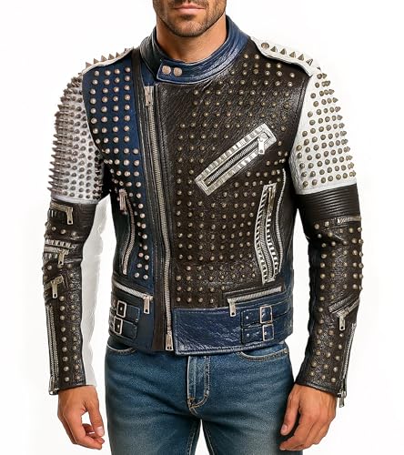 Mens Studded Retro Motorcycle Leather Jacket Funky Cafe