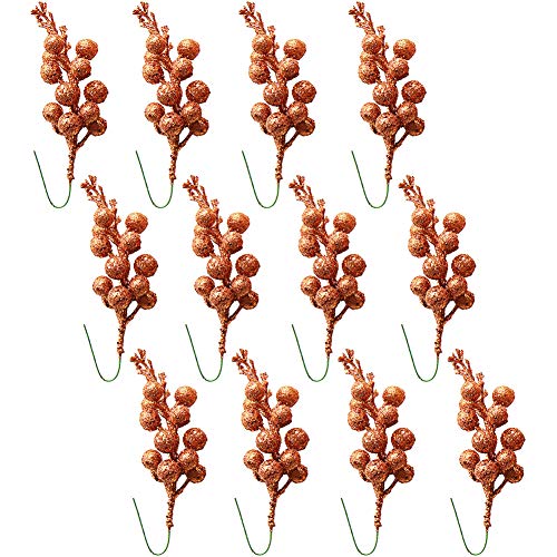 Okngr Glitter Berry Stems, 12 Pcs Christmas Berry Picks Artificial Berry Twig Stem Holly Berries Simulation Berries Pine Branch Christmas Tree Garland Decorations for Holiday Party, Bronze