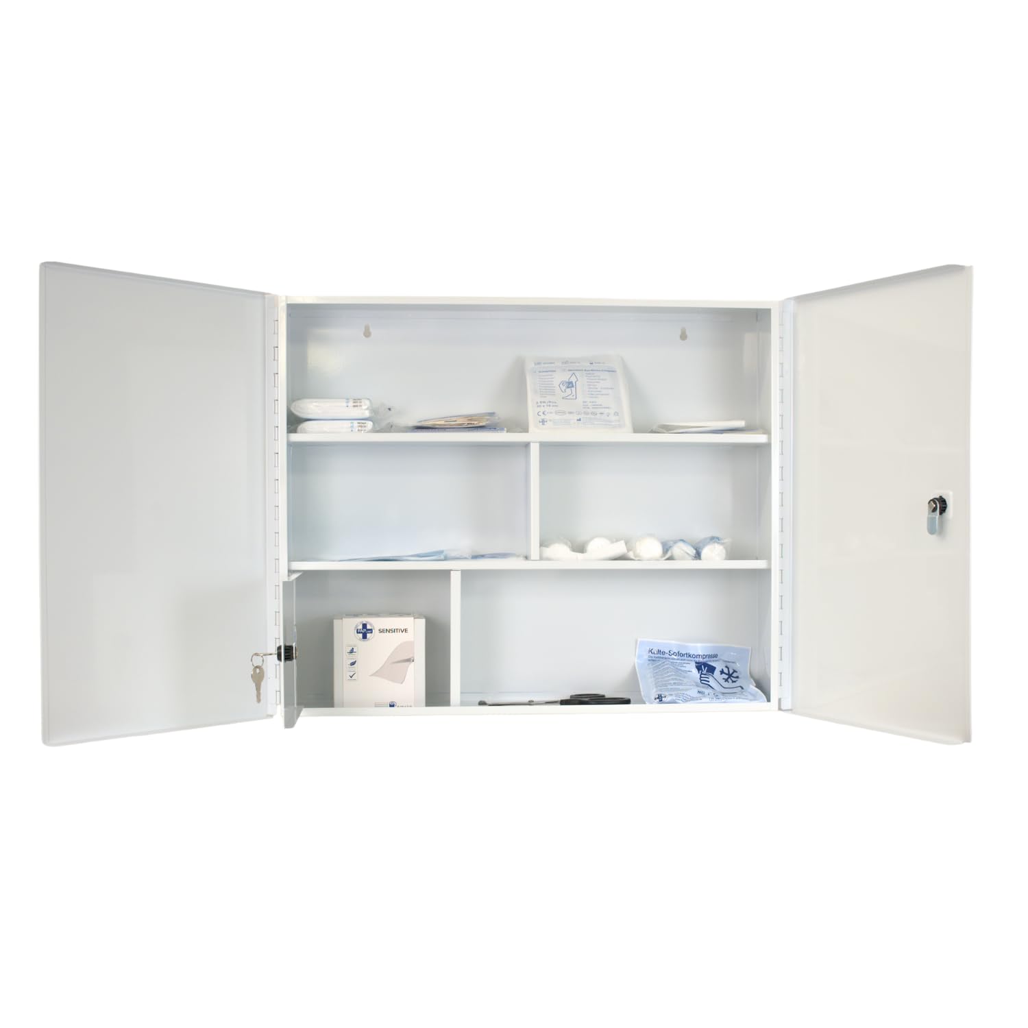 Erste Hilfe Verbandschrank DIN 13169:2021, Medizinschrank mit 3 Fächern (zweitürig) + abschließbares Medikamentenfach & Sicherheitsschloss – aus Metall, 60 x 50 x 13 cm – groß, robust - zum Aufhängen
