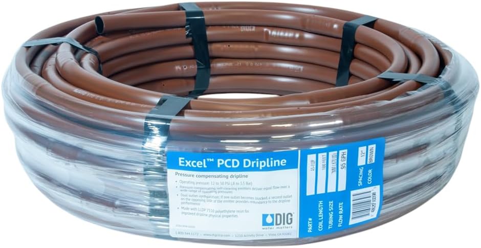 DIG A1-112P 17 MM EXCEL PCD Dripline with two outlets, 100 ft .95 GPH, 12 in. Spacing, for even irrigation uniformity along the dripline (.570 in. ID x .670 in. OD), Brown