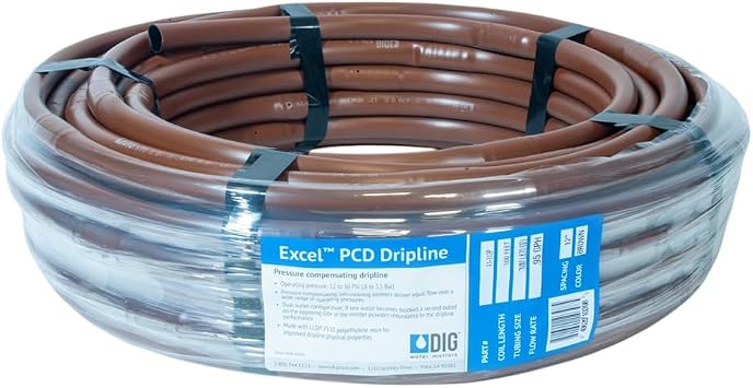 DIG A1-112P 17 MM EXCEL PCD Dripline with two outlets, 100 ft .95 GPH, 12 in. Spacing, for even irrigation uniformity along the dripline .570 in. ID x .670 in. OD, Brown