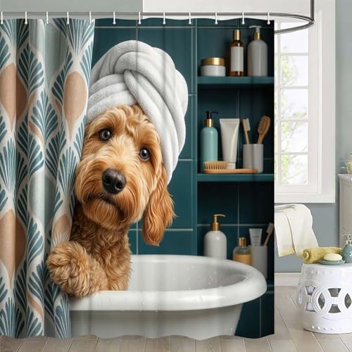 Image of Funny Dog Shower Curtain, Cute Fun Dogs in Bathtub Teal Blue Shower Curtains, Animal Puppy Hilarious Bath Curtain Polyester Fabric with 12 Hooks 60x72 Inch