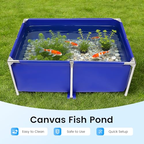 Image of Canvas Above Ground Fish Pond with Steel Frame, Drain Valve, Blue Aquarium Pool, Koi Pond, Foldable Water Storage, Display Show Tank