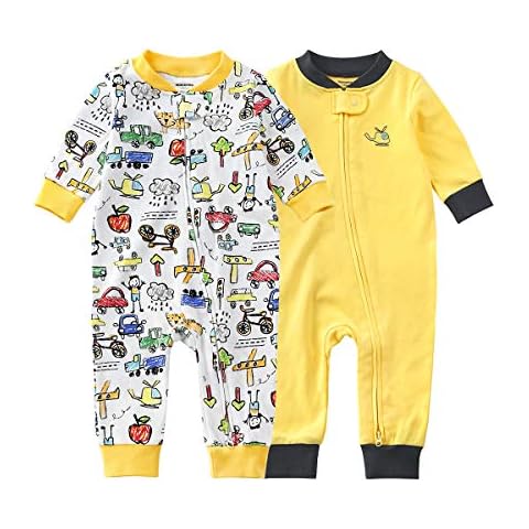 SUYEORLI Baby 2 Pack Footless Pajamas Romper Cotton Long Sleeve 2 Way Zipper Printing Embroidery Jumpsuit Sleep and Play 3-24 Months (Helicopter, 6-12 Months) Cover