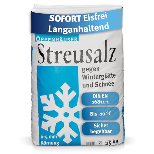 OPPENHÄUSER Streusalz 25kg: Sofort eisfrei & langanhaltend, DIN EN 16811-1, Auftausalz gegen Glatteis, Winterstreu für sichere Gehwege, Einfahrten & Parkplätze, Kornklasse M, Premium Qualität