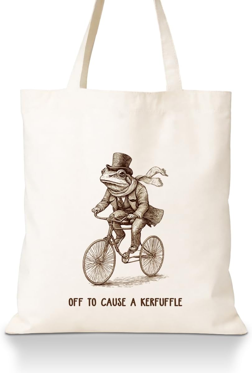 Funny Frog Canvas Tote Bag, Off to Cause a Kerfuffle, Reusable Vintage Shoulder Bag, Carryall for Daily Shopping Library Travel Commute Beach