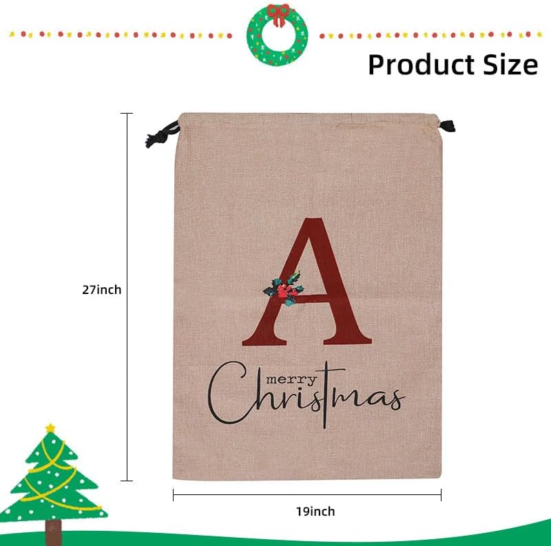 Miniatura 2 de CHOTONIC Saco de arpillera de Navidad de Papá Noel de 27 x 19 pulgadas, bolsa de regalo de Navidad con letras de monograma personalizado grande