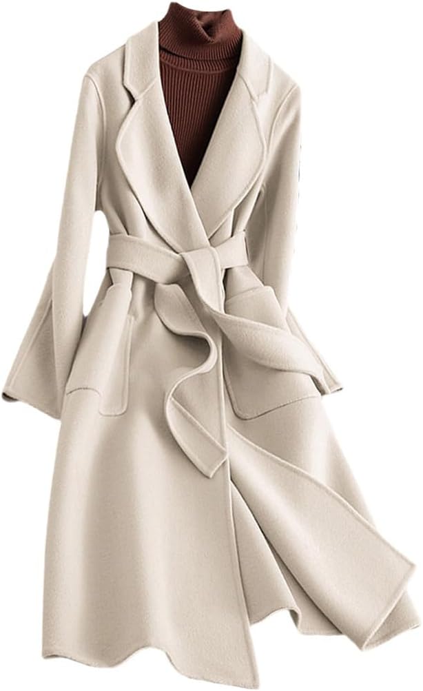 Women Autumn Classic Double-Faced Woole Outerwear Belt Winter Wool Coat