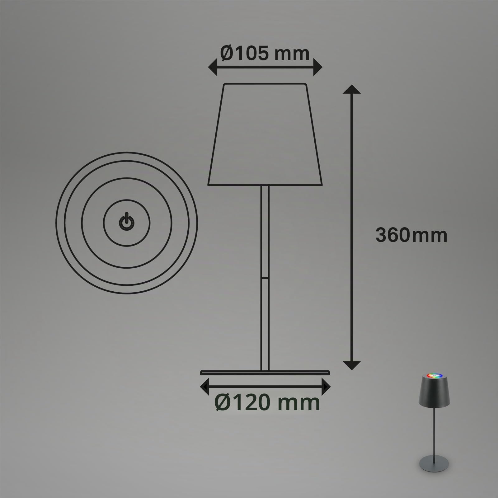 Briloner - Lampada da tavolo LED senza fili con touch, luce RGB+W colorata, regolabile in altezza, lampada da comodino, lampada da lettura, lampada da tavolo, da esterno, 36x10,5 cm, colore antracite