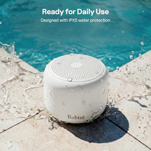 Bobtot Portable Bluetooth Speakers with Strap Easy to Carry, Wireless IPX5 Waterproof Mini Speaker with Loud Stereo Sound, 20 Hours Playtime, Rechargeable Battery, Built-in Microphone, White by Bobtot - Image 5