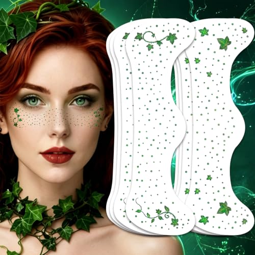 Paminify 8 Sheets Green Glitter Freckles Face Tattoos, 2 Ivy and Vine Styles, Fairy Glitter Freckles for Halloween, Waterproof Temporary Tattoos, Green Witch Accessories for Fairy Makeup and Cosplay