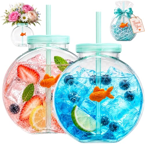 Fish Bowl Tumbler with Straw Plastic Fish Bowl Cups with Lids Unbreakable Ornament Cups Reusable Multipurpose Translucent Green Shatterproof Drink Bottles (2Pcs)