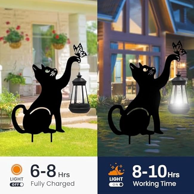 Black Cat Halloween Decorations Outdoor - Solar Lights Outdoor Garden Decor Stake with Butterfly Decorative Metal Housewarming Ornament for Yard Pathway Lawn Patio ¨C Unique Gift Ideas for Christmas